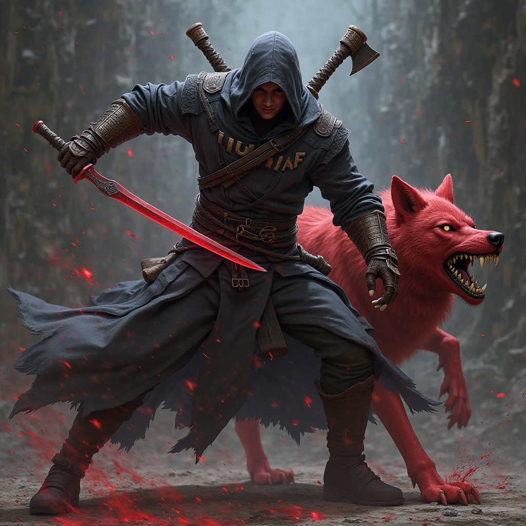 (Extremely detailed 8k wallpaper), a mid shot photo of a male vampire from the Middle Ages is attacking a wolf, complex, highly detailed, and dramatic, blood red eyes, well-defined facial bones, pale skin, bright red lips.