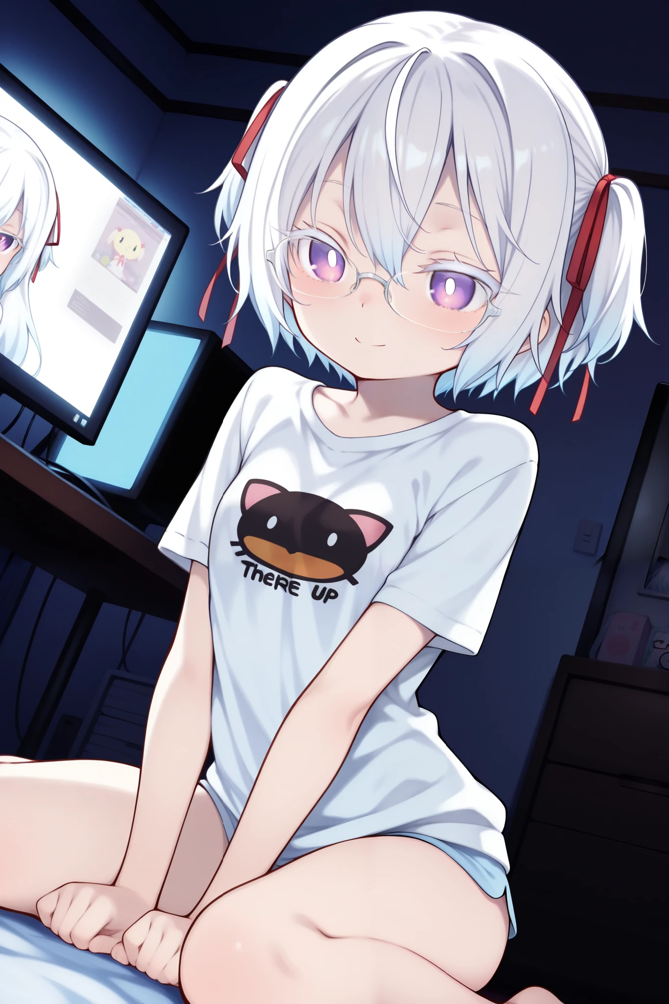 score_9, score_8_up, score_7_up, ((dim, dark room, deep shadows, otaku room, monitor)), dutch angle, (solo, 1girl, yuki onna, white hair, short hair, habitual hair, two side up, two hair ribbon, red ribbon, purple eyes), (((loli, thin, petite, female, short body))), (Anime T-Shirts, There are games and figurines), wariza, steam, cute face, glasses, big eyes, tareme, (((white pupils))), ((white eyelashes, lower eyelashes)), blash, smile
