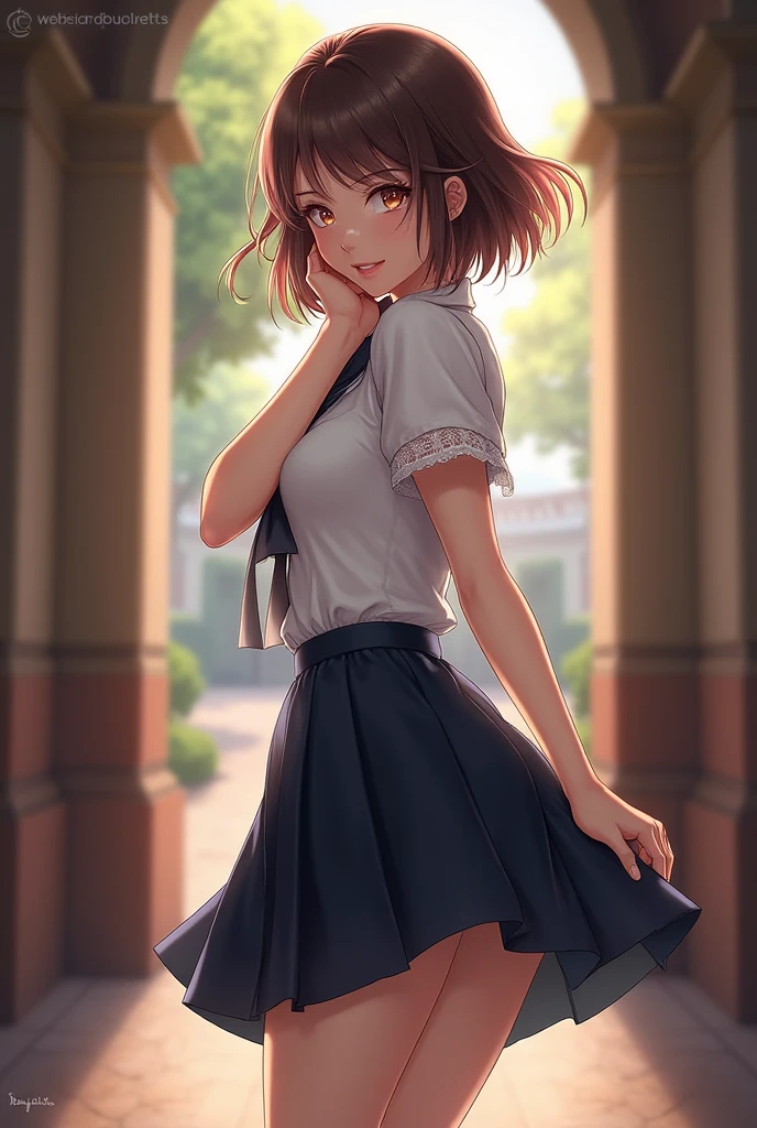 ((masterpiece)), ((Highest quality)), (Very detailed), beautiful girl, 17 years old, ((Cute high school student)), (Red cheeks), (look back, ), (The skirt is blown up by the wind), ((Very detailed)), (8k), Highest quality, (beautiful),beautiful 顔, ((Embarrassed face, Lips open)), whole body, In town, (Stone stairs), White shirt, ((beautiful胸のライン, Medium chest)), (Pleated skirt), Brown eyes, (Detailed eyes, Droopy eyes), Medium Hair,( Detailed hair, The wind is blowing),Slender body,(( Medium chest, beautiful胸のライン, beautifulお尻のライン)), 白いPleated skirt,  (The hem of the skirt flaps), ( Panty shot), Embarrassed face, (looking at the camera), Strong winds, Wind effects,