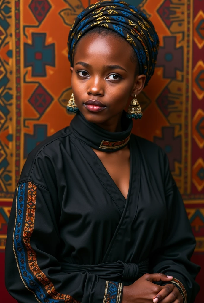 African woman, choker, (sexy), cleavage, traditional dress, tattoos, hd photo, (((realistic))), face paint
