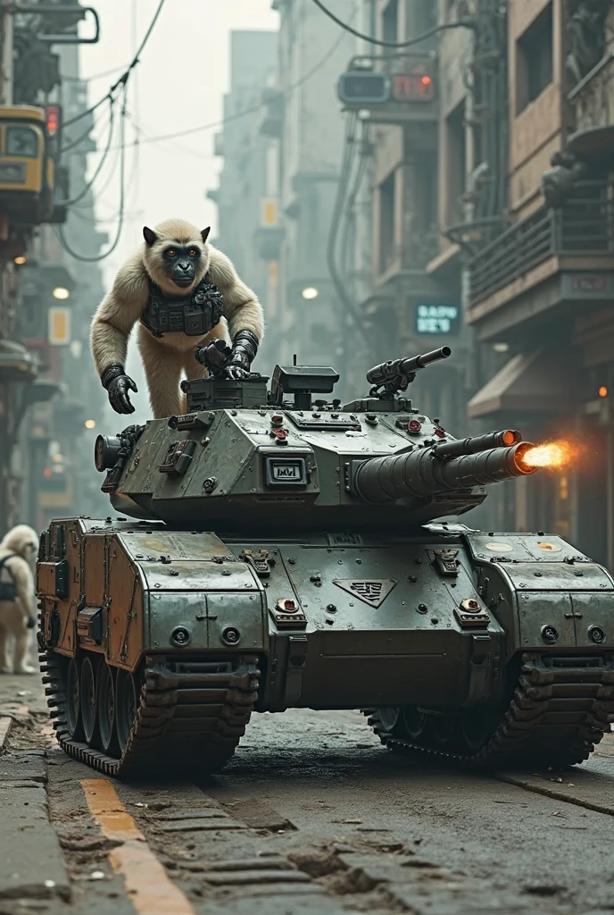 チームベースのアクションシューティングビデオゲームの非常に詳細な多足多関節の近未来的なHeavy Armor戦車のキャラクター、Job title: Tank、Exquisitely detailed tanks、Heavy Armor、Rocket Launcher、A chimpanzee wearing glasses drives a tank、Concept Art、Intricate details、Hyperrealistic、8k、Highest quality、Photorealistic、masterpiece、terrorist attack、 explosion、night、rain、 Detailed futuristic cityscape、Neon Light