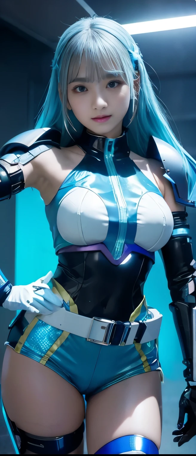 pure cyberpunk idol girl、A pure girl's face、 hypo、、fluorescent blue and silver armor uniform、、Glowing Cyberspire、Cyber Belt、