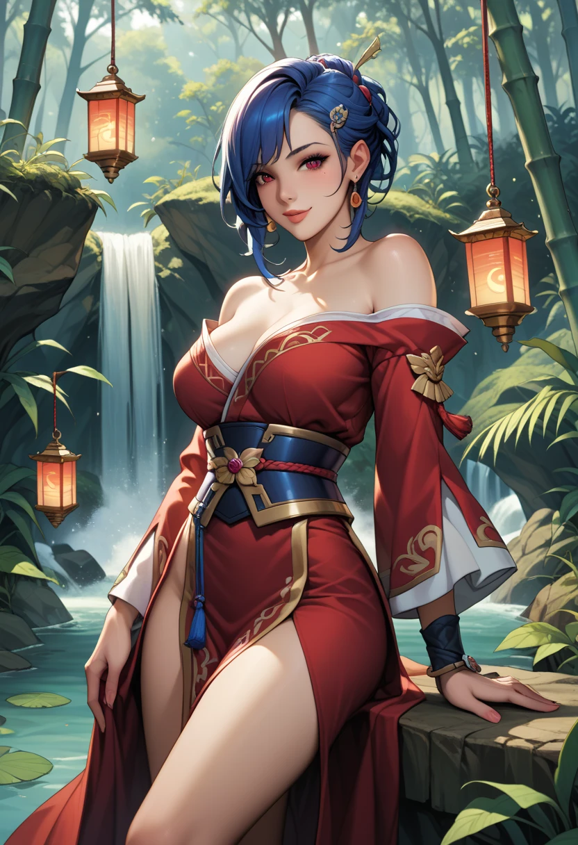 ultra-realistic 8k CG, masterpiece, ((ultra detailed background, fine drawing, intricate details, high detail, fine details of better quality, hyper-detailed face)), (photorealistic: 1.4), beautiful lighting, absurdity, RAW photo, film grain, Azula, 1girl, solo, black hair, brown eyes, makeup, lipstick, red lips, one tuft of hair, navel, side strands, hair decoration, ((wide hips, medium breasts, slim girl)),  ((unbuttoned kimono)), ((complex detailed background, inside, dim lighting, capricious lighting, inside the castle, castle wall, inside, medieval castle environment)), sitting on a throne, legs spread, perfect legs, erotica