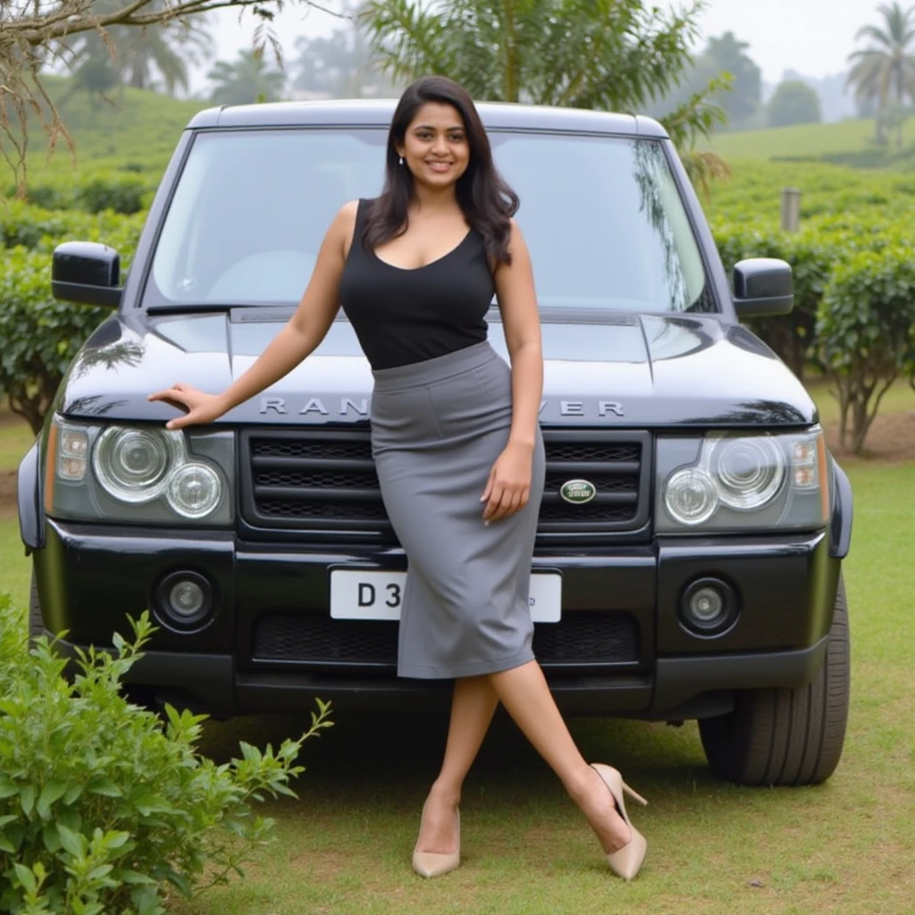 A young chubby Indian girl wearing a satin blue short dress short hair fair complexion and full body posing in a model face and one hand behind her head with luxurious car in background 