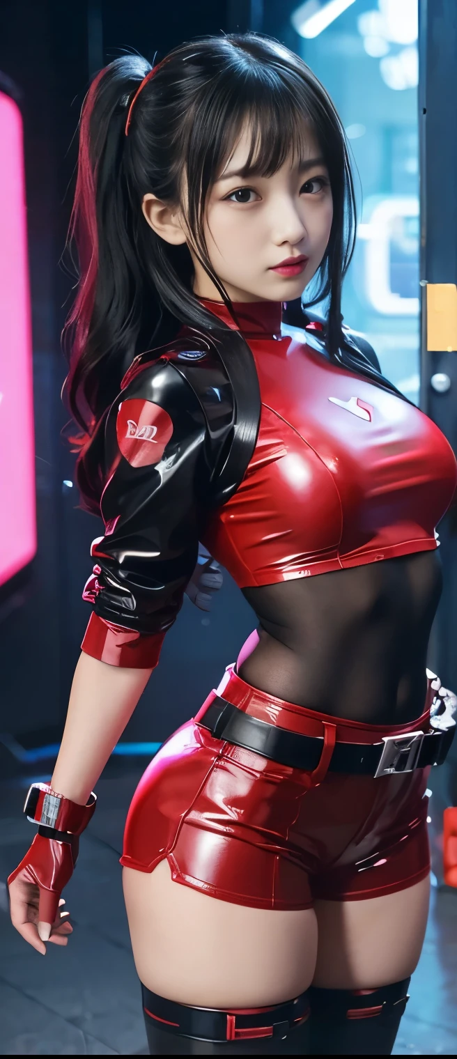 pure cyberpunk idol girl、A pure girl's face、 hypo、、Red Latex Tight Shorts 、、Glowing Cyberblade、Cyber Belt、