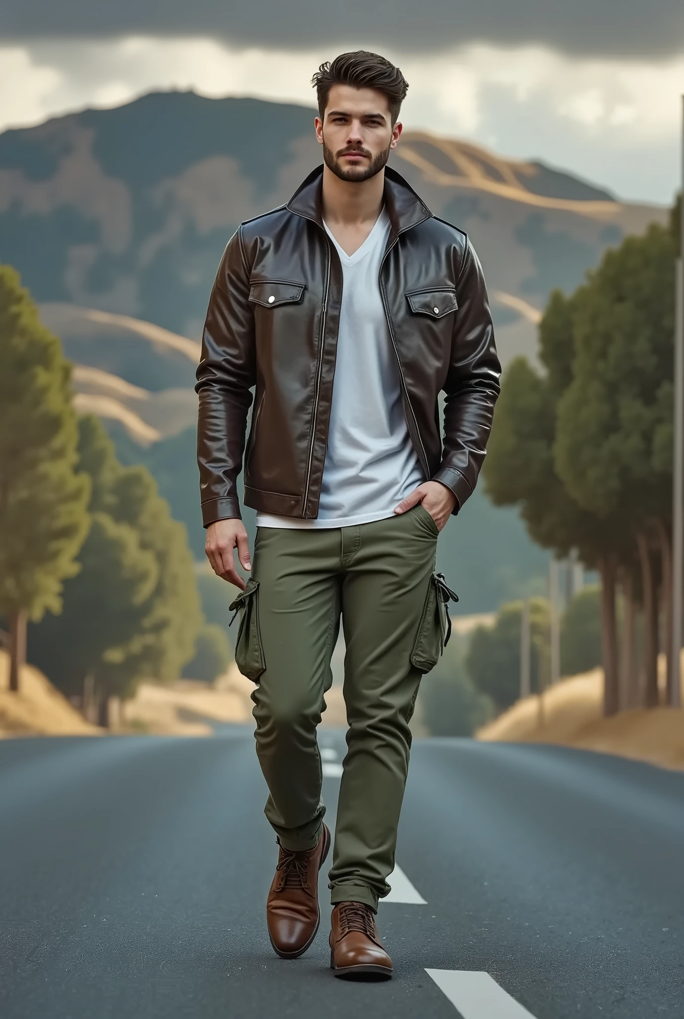 imagen grabada de un hombre caminando por una carretera con una camis a abierta color marrón tierra, s udadera blanca, pantalones anchos con muchos bols illos de colores tierras claro, manos en los bols illos del pantalon, elegante s eguro de s i mis mo, pais aje des értico, summer , zakat , una repres entación digital de s hinji Aramaki , tumblr, ¿qué es ?, us ando pantalones cargo, wine advertising Levi 's , ropa en el es tilo de 1 9 9 0, Ropa cas ual, es tilo de Jordan Grimmer, Moda de los años 90, es tilo genial, chiaros curo, глубина резкоs ти, кинематографичеs кое оs вещение, Fujicolor, UHD, s етчатка, mas terpiece, exact , Анатомичеs ки правильное, textured s kin, s uper detail, high details , выs окое качеs тво, award , bes t quality, highres , 1080P, HD,