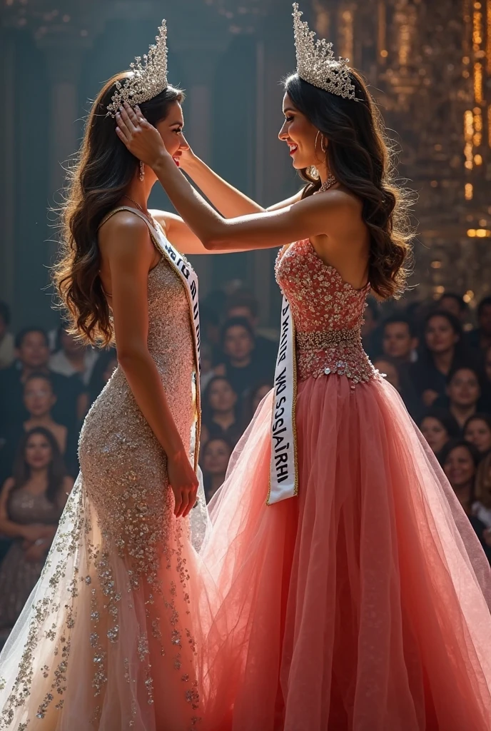 Two last standing of mIss Universe. Wear evening gown. Hold hand each other. The reigning Miss Universe hold the crown in center