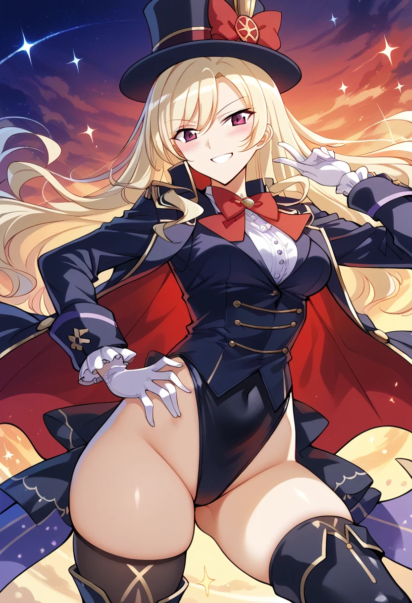 (absurdres, 8k, 4k, masterpiece, hyper extreme detailed:1.2), solo, perfect anatomy, cowboy shot, 1girl, back view, perfect face, 1girl, portrait, standing, adult, adult female, mature, Female, Mature Female, very long hair, 8k uhd, 1girl, slender, cowboy shot, standing, full body, back view, red tie, night sky, moon, stockings, big witch hat, witch, blonde hair, piercings, earrings, detailed eyes, expressive eyes, colorful pupils, blazer, skirt, fang tooth, red eyes, earrings, hand on hip, flat chest, looking forward, front view, messy hair, wind, windy, moving hair, moving clothes, swept bangs, mature body, gyaru, smile, colorful clothing, groan, military boots, perfect legs, reasonable height, butt,
