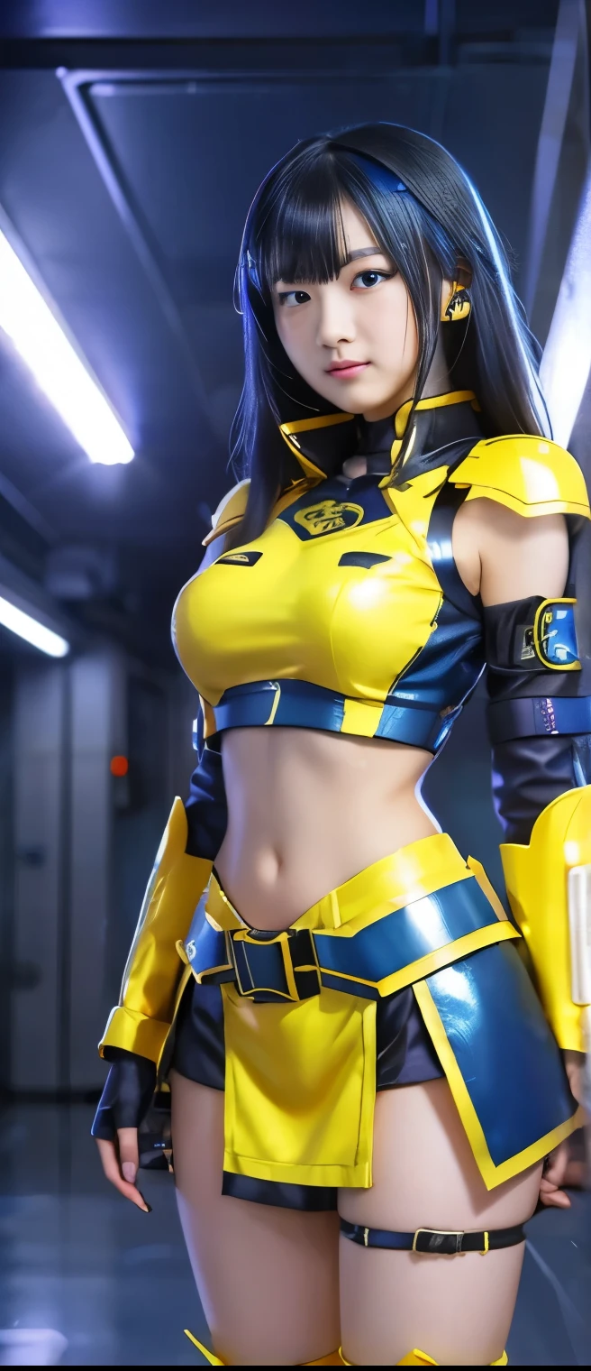 pure cyberpunk idol girl、A pure girl's face、 hypo、、fluorescent blue and gold armor uniform、、Glowing Cyberspire、Cyber Belt、