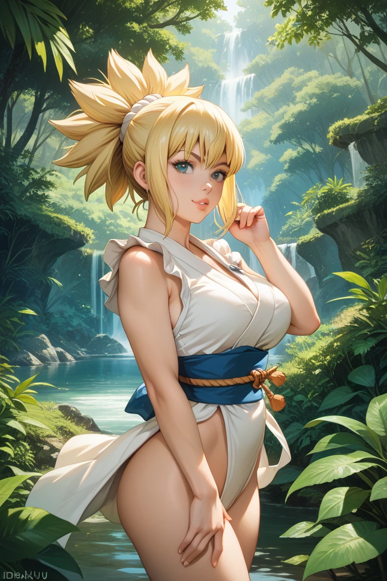 (masterpiece), (high quality), female Naruto Uzumaki, orange top tied under breasts, big breasts, sexy pose, mischievous smile, soft lightning, blonde twintails, short black skirt, lift skirt, precise hands, detailed cottage in the background
