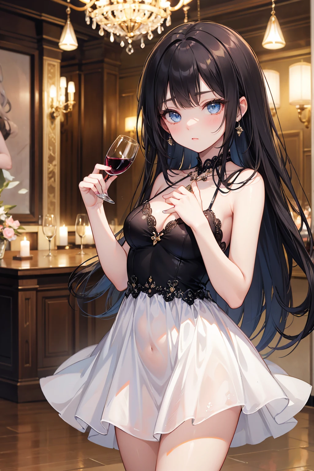 ((masterpiece, best quality:1.2), solo, 1girl, Nezuko Kamado, Demon slayer, black hair, pink eye, looking at viewer, earrings, midriff, official art, extremely detailed CG unity 8k wallpaper, perfect lighting, (masterpiece:1.0),(best_quality:1.0), ultra high res,4K,ultra-detailed, photography, 8K, HDR, highres, absurdres:1.2,, bokeh:1.2, lens flare, (vibrant_color:1.2),(beautiful_face:1.5),(narrow_waist),(perfect hands, perfect anatomy), breasts, wedding dress, wedding dress, gala dinner, holding a glass of wine