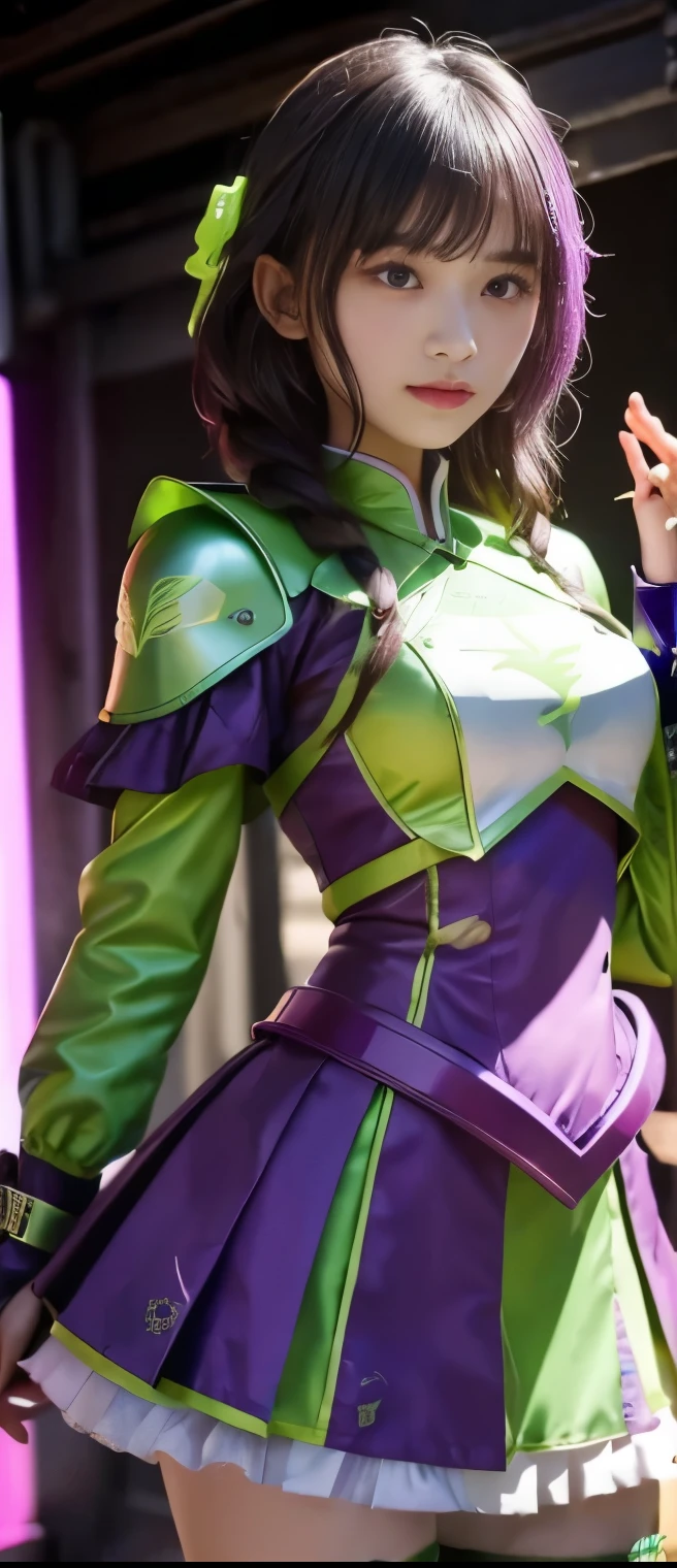 Flashy Idol Girl 、A pure girl's face、 hypo、、fluorescent green and purple armor uniform、、Snakespeare that emits light、、