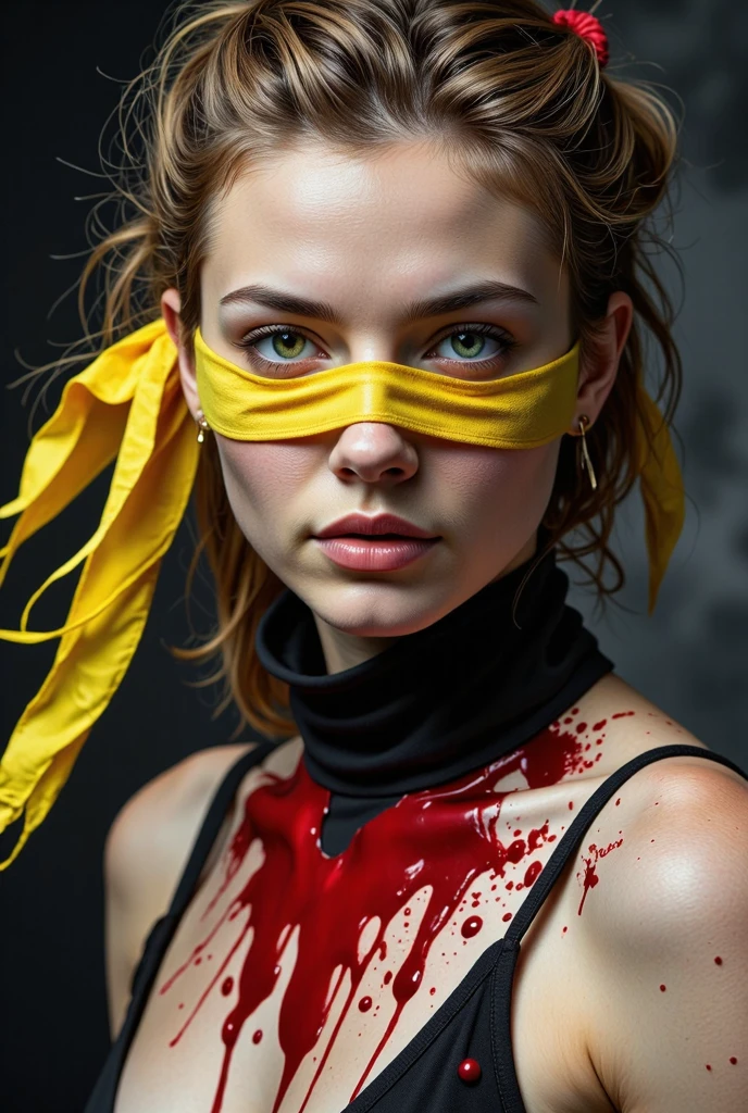 Woman Tied with Ropes. And blindfolded with red ribbon