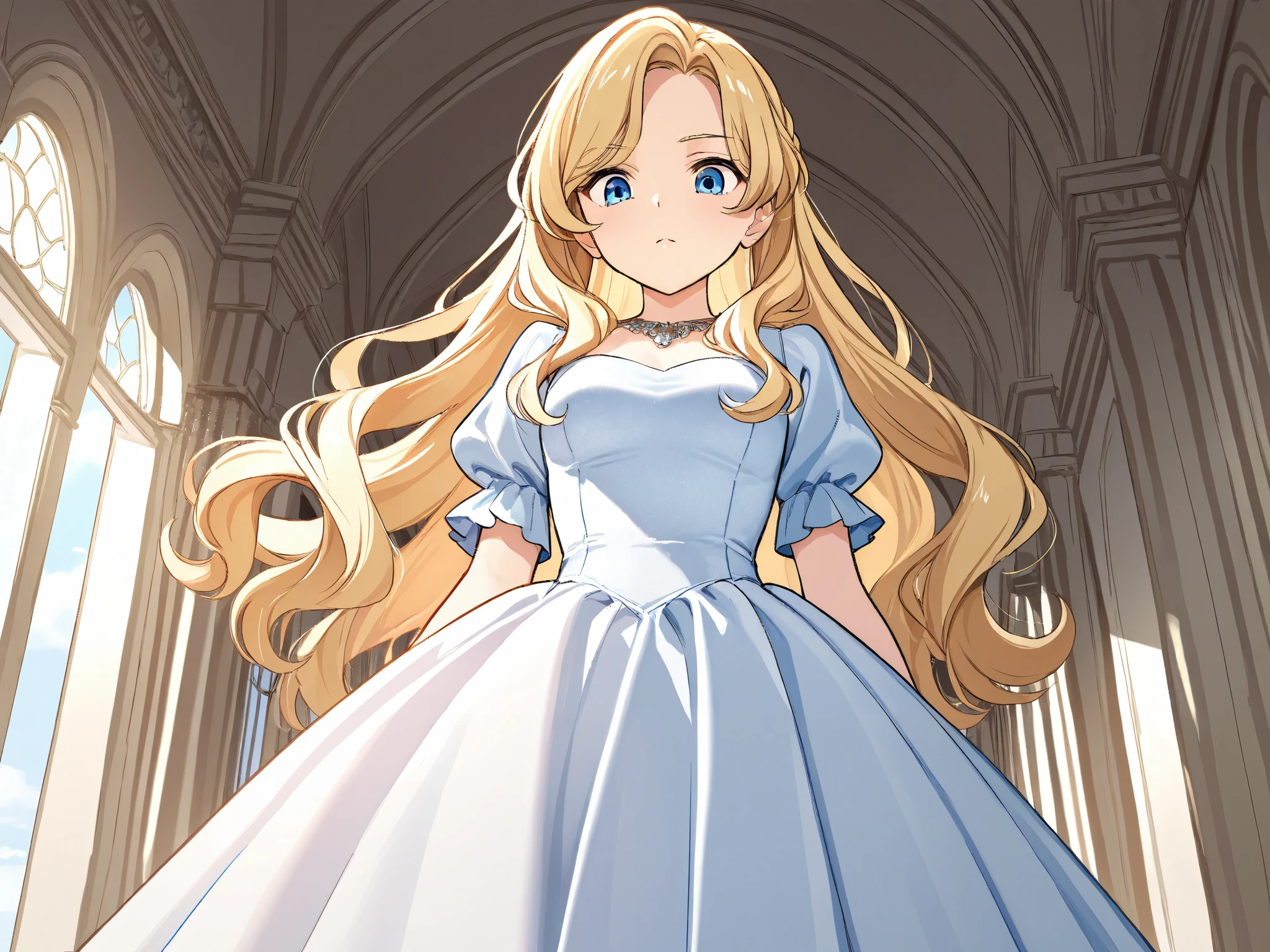 A girl with long, wavy blonde hair wears a luxurious princess dress with short puffed sleeves, sky blue on the sides and white in the center. She walks down a hallway in a luxurious palace with windows on one side, looking down. The scene is viewed from the side.