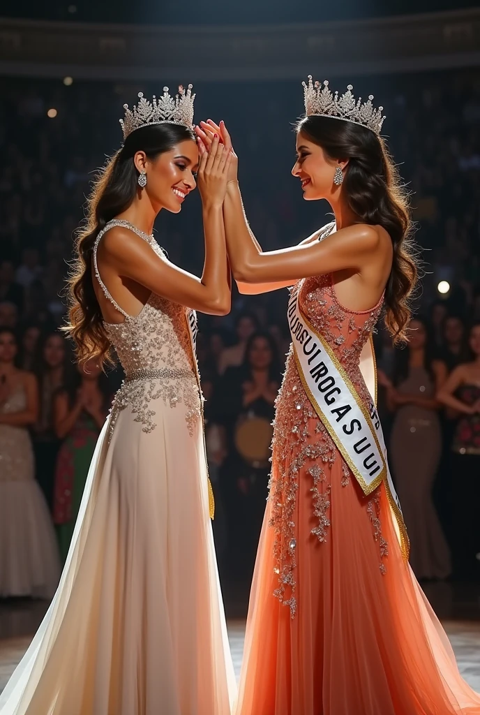 Crowning moment. From behind, The girl put the crown on the new miss Universe. Wear evening gown. 