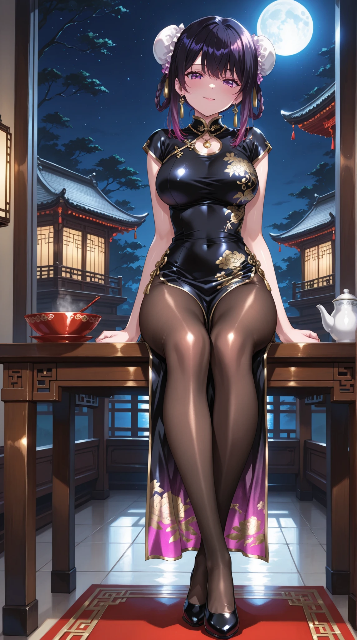 ( Masterpiece:1.3, highest quality:1.3, very detailed depiction:1.3, incredibly absurd high resolution :1.3, full body image ),Three young and beautiful women in Chinese dresses are having a tea party under the moonlight.,Three young women,Each face is different,(China dress made of shiny fabric with colorful gradient pattern, pantyhose,Luxurious earrings, necklace),( purple eyes,Shadowed face, bewitching smile, big breasts,Beautiful legs,Slim body,Curvaceous Body,High quality skin,Seductive gestures,The gaze is being diverted),Scenery of a tea ceremony, Big Table , Sitting Position , drinking tea,Tea utensils ,Night Sky,Night Skyに大きなmoon,moon,moonlight,Chinese-style mansion, dramatic lighting, Volumetric Lighting ,anime screencap
