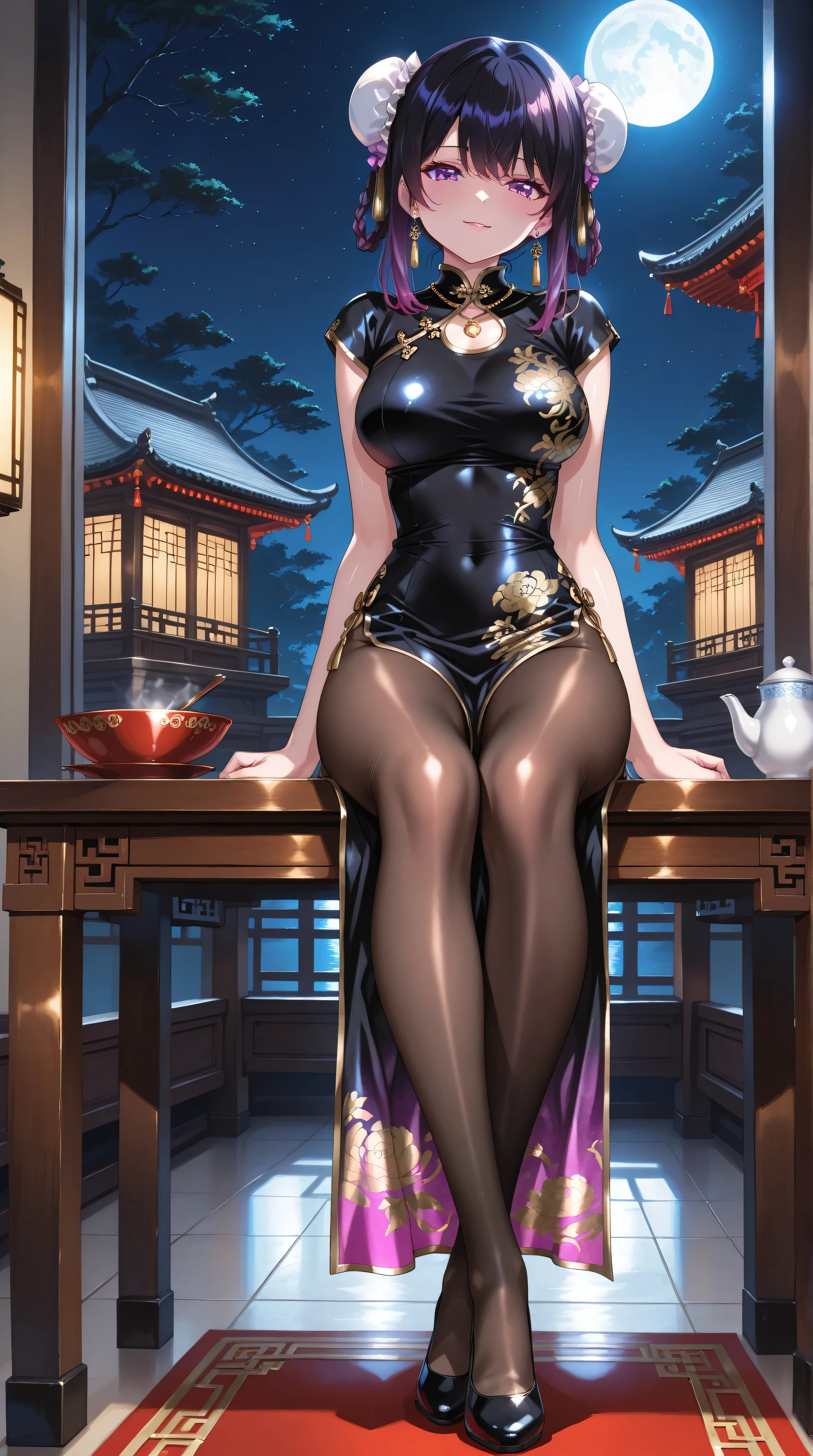 ( Masterpiece:1.3, highest quality:1.3, very detailed depiction:1.3, incredibly absurd high resolution :1.3, full body image ),Three young and beautiful women in Chinese dresses are having a tea under the moonlight.,Three young women,Each face is different,(China dress made of shiny fabric with colorful gradient pattern, pantyhose,Luxurious earrings, necklace),( purple eyes,Shadowed face, bewitching smile, big breasts,Beautiful legs,Slim body,Curvaceous Body,High quality skin,Seductive gestures,The gaze is being diverted),Scenery of a tea ceremony, Big Table , Sitting Position , drinking tea,Tea utensils ,Night Sky,Night Skyに大きなmoon,moon,moonlight,Chinese-style mansion, dramatic lighting, Volumetric Lighting ,anime screencap