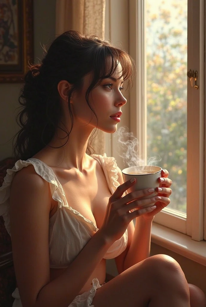 (Best quality, A high resolution, masterpiece :1.3), beautiful woman, a slim body, Dark brown hair, sipping coffee by the window on an overcast morning, detailed rough charcoal sketch in Eric Wallis style, Benedick Bana triadic colours palette, film grain texture, she's wearing a thin white tank top with a transparent finish, dark red lips standout against her skin, blonde hair cut into a sharp square, noir-like digital painting in the fashion of ink fine art, the square window frames the scene revealing a close