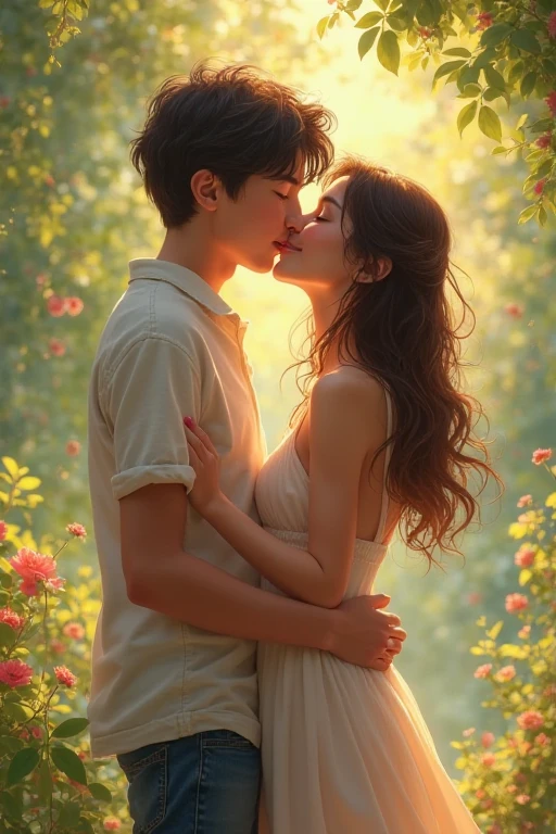 1 boy ,1 girl , romance, kissing, gargeous eyes,charming girl, dressed well, beautiful scenery, red squirts