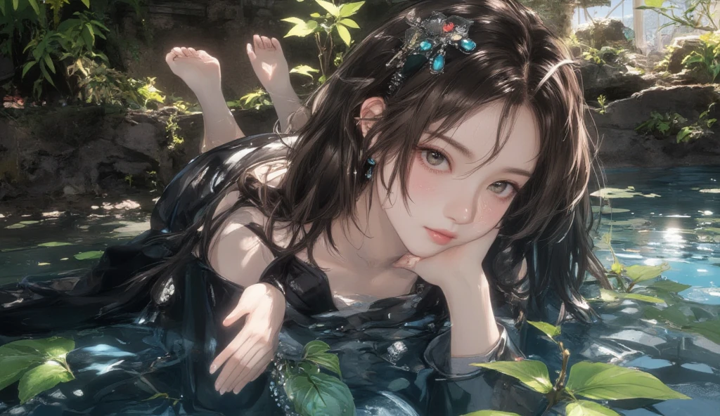 (Masterpiece, Best quality, Ultra-detailed, Best Illustration:1.4), 1girll, (Slime girl:1.4), (Transparent:1.3), (See-through:1.2),Sitting, ,No clothing,(refractions,Reflection:1.4) , transparent face, Transparent body, Transparent skin, sunshine day,water blue,Spring water background