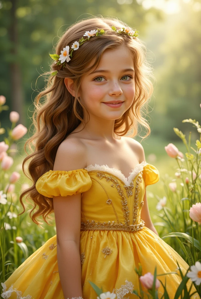 (child), (Princess Belle cos:1.3), little child, upper body, Little yellow dress, Ultra photo realsisim, Realistic, best quality real texture skin,cute true circle Symmetrical eyes, cute face, medieval world, epic realistic, Cinematic
