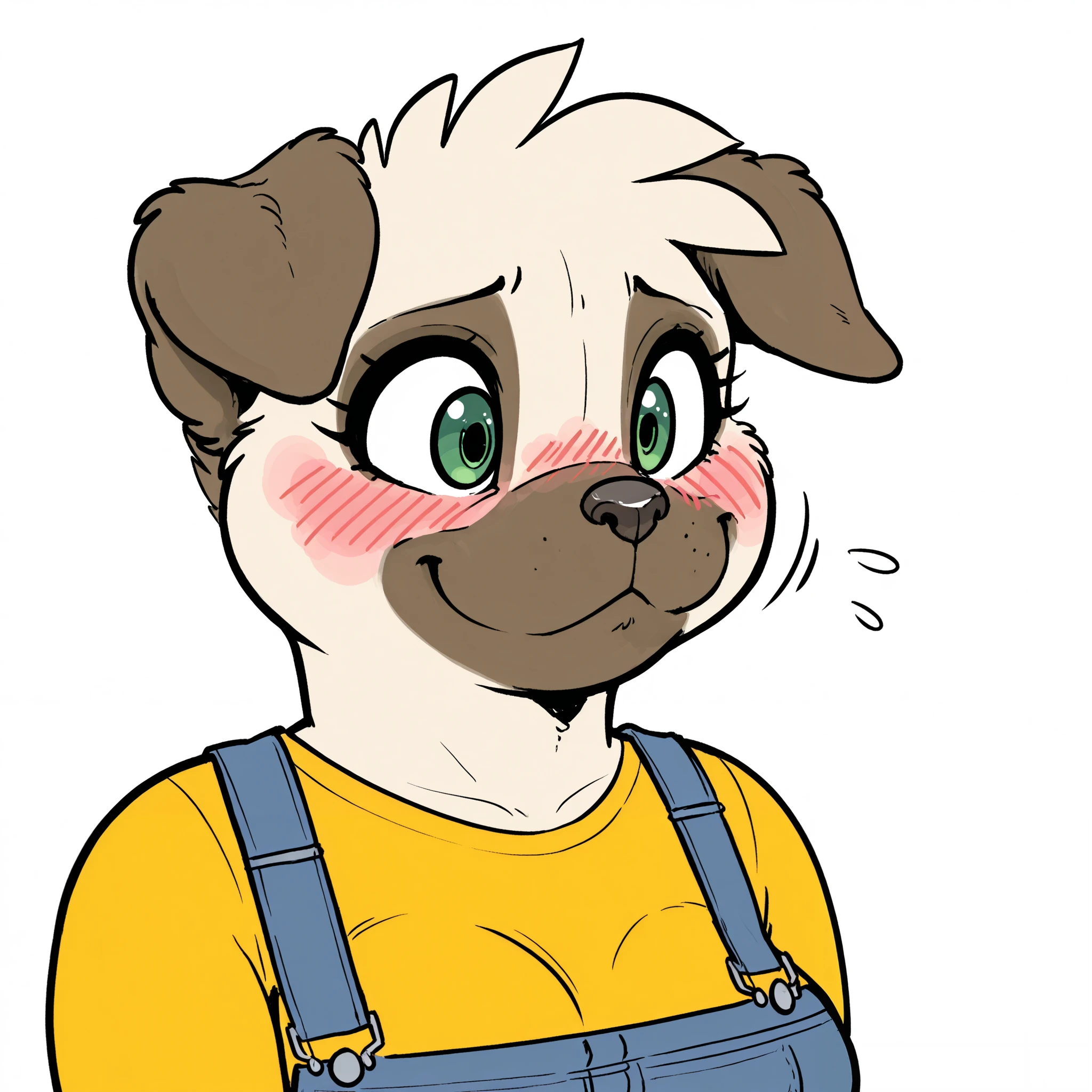 Anthro pug girl, green eyes, big eyes, big eyelashes, chubby, solo, small hands, medium breasts, blushing, black eyeliner, short woman, white background, shy, yellow top, denim overall, chubby cheeks, face focus, portrait, short hair, fur on head, giggling