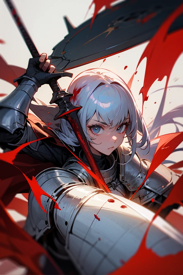 ((best quality)), ((masterpiece)), (detailed), perfect face, Artoria ((Fate)), beautiful face, beautiful body, cold gaze, red eyes, glowing eyes, detailed eyes, white hair, detailed hair, holding sword, black sword, weapon, realistic, fighting style, red glowing sword, black aura, red aura, black particles, red particles, black armor dress, bettlefield, chaos, flames, red light, ((best resolution)).