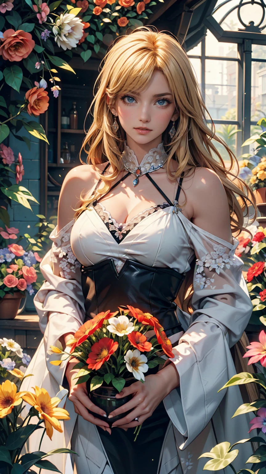 Better Quality,4K,8k,High resolution,Master Parts:1.2),Ultra-detailed,(Realistic,Realistic,Photorealistic:1.37),Portraiture,woman,long flowing hair,Whitish iris,Hollow Gaze,Plump pink lips,White flowers bloom on the tips of her hair,Interesting appearance,Medium Shot,Black Dress.Long delicate legs