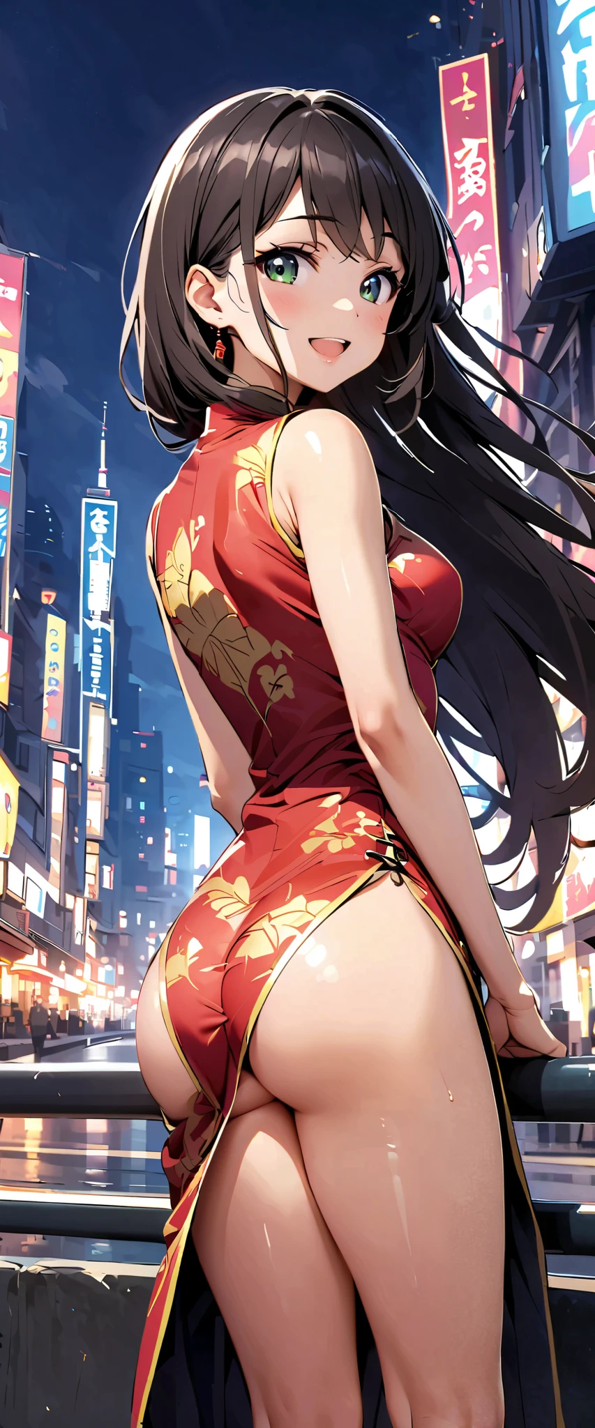 woman,20 years old,city,((shiny china dress))),,open mouth smile(()),、,(( look back ))()Reflecting Buttocks ,