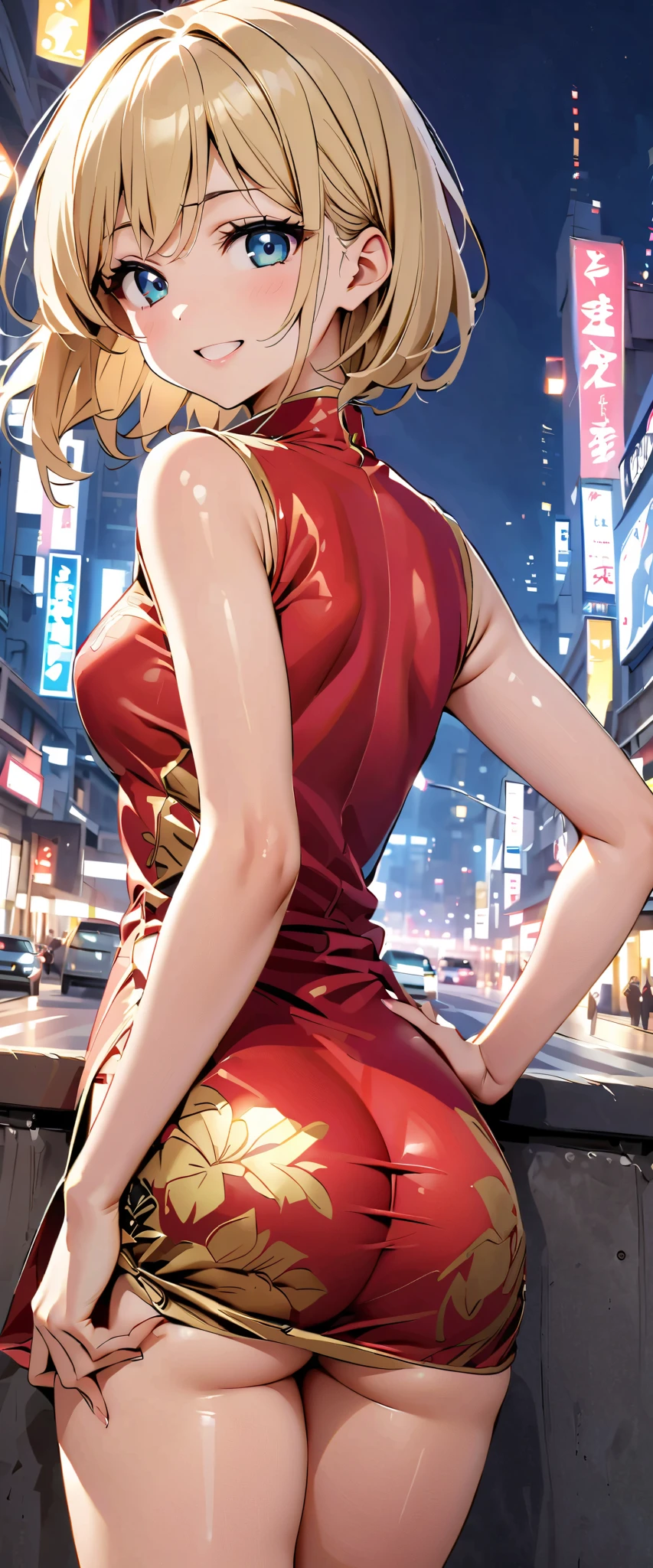 woman,20 years old,city,((shiny china dress))),,open mouth smile(()),、,(( look back ))()Reflecting Buttocks ,
