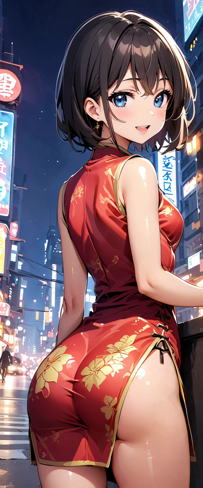 woman,20 years old,city,((shiny china dress))),,open mouth smile(()),、,(( look back ))()Reflecting Buttocks ,