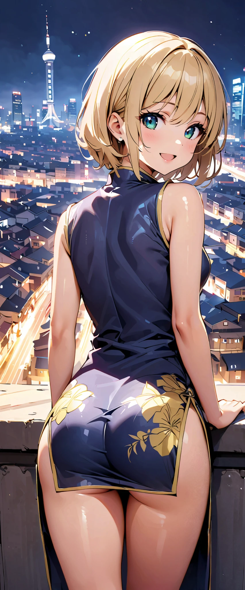 woman,20 years old,city,((shiny china dress))),,open mouth smile(()),、,(( look back ))()Reflecting Buttocks ,
