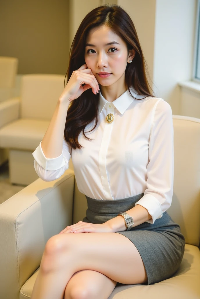 (masterpiece:1.4),(Female, 63 years old:1.5),(Facial wrinkles : 1.2),A kind smile,mid-length hair, maternal, Mature Woman, sitting, office worker, (smooth fabric), (satin black vest with button), black pencil skirt, white long sleeve shirt, (black nylon tights), indoor modern office, detailed backgrounds