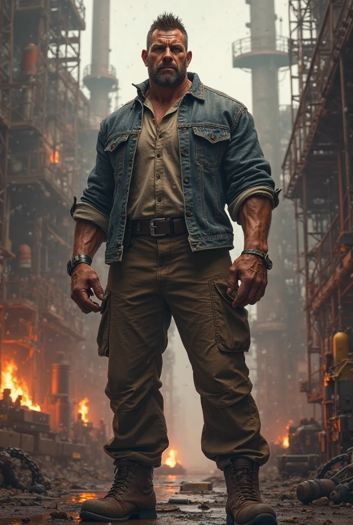 a middle-aged male firefighter walking out of a burning down house, dynamic pose, open firefighter jacket, hairy chest, firefighter pants, large bulge, hairy abs, (hairy body:1.21), muscular body, brown hair, green eyes, beard, night, octane render, highest quality, masterpiece, <lora:more_details:0.7>, dirty clothes, ultra sharp, frustrated brow AS-MidAged