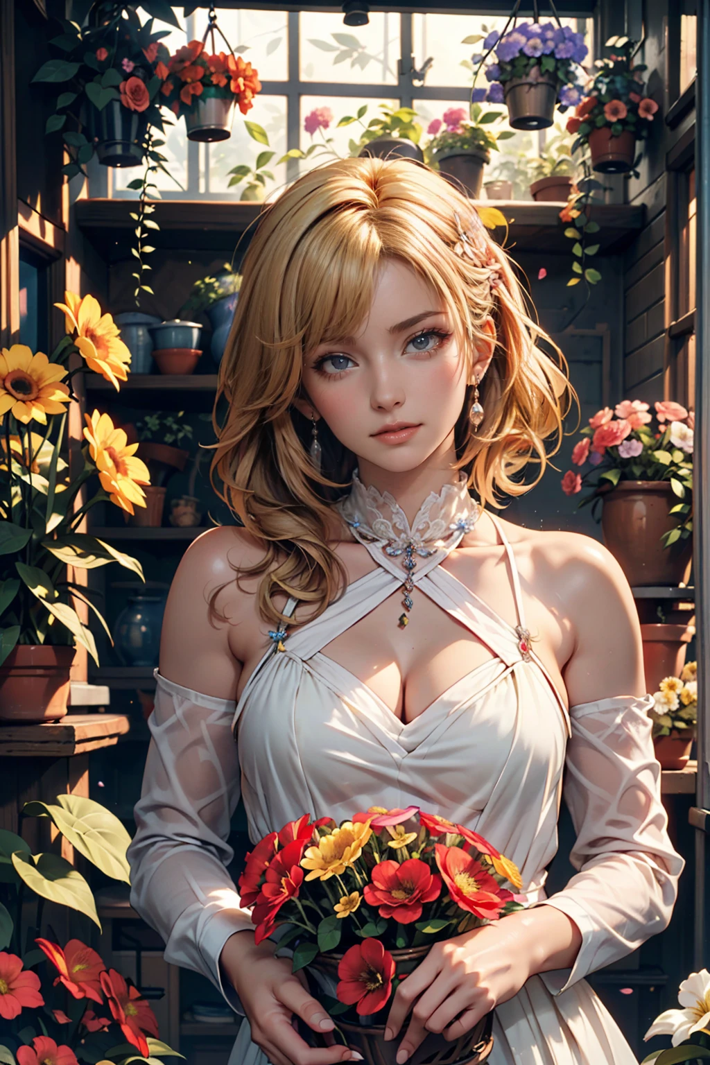 extremely delicate and beautiful, Amazing, finely detail, masterpiece, ultra-detailed, highres,best illustration, best shadow,intricate,sharp focus, high quality, 1male, solo, blond hair. red eyes, kaveh genshin impact, glass greenhouse, flowers in pots, flowers for sale, man looking at flowers, flowers everywhere