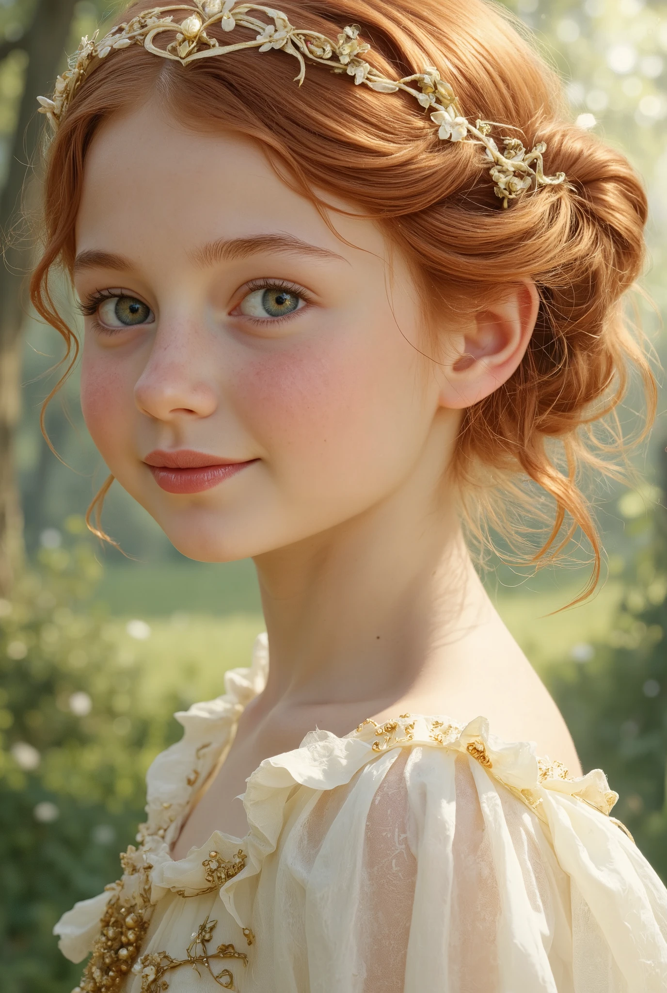 cute girl name mary, , a cute with soft, curly hair, smile, and a white princess dress