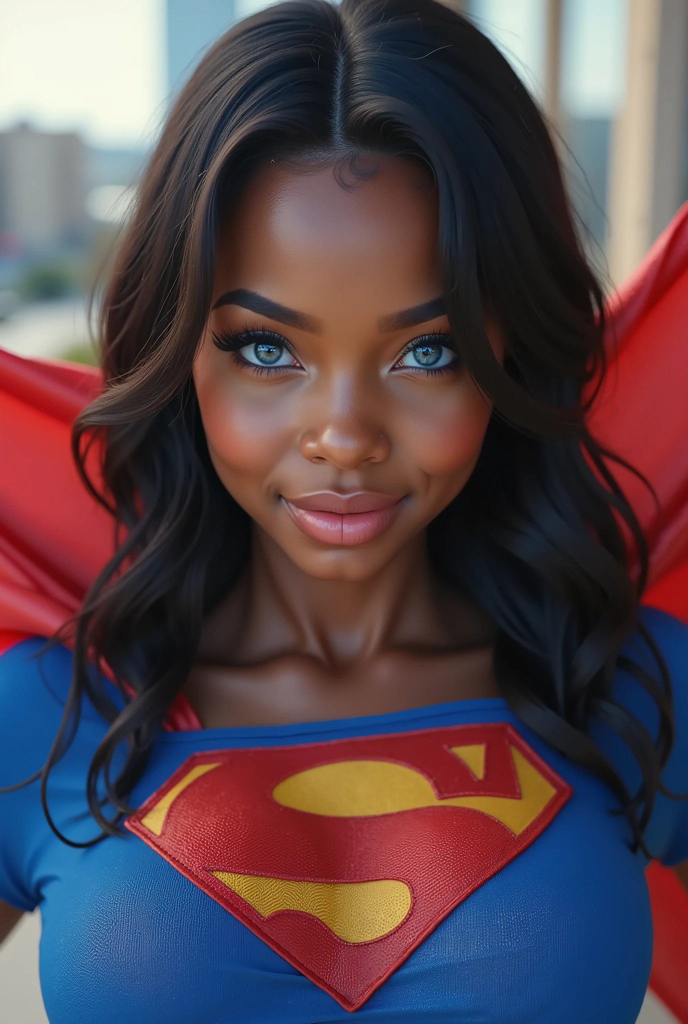 (SEXY BLACK AFRICAN OLD GIRL AS SUPERMAN WITH CRYSTAL BLUE EYES **“TOTALLY ENTI BODY WORTH THE SURFACE”. A stunning, highly detailed and ultra-realistic portrait of a SEXY BLUE-EYED GIRL proudly wearing the iconic 1980's SUPERMAN RETRO costume. The bright royal blue jumpsuit shimmers under soft natural light, adorned with a bold, embossed red-and-yellow “S” emblem on the chest signifying her heritage as Superman's daughter. A flowing red cape fluttered behind her, its silky texture catching the light, enhancing the depth of the image. Her long ivory-black hair, revealing striking blue eyes that radiate confidence and warmth. She has a bright playful smile showing off her pearly white teeth, which adds to her charisma. Her skin looks flawless, glowing naturally, with soft highlights accentuating her features black hair, long eyelashes, hard circle eyes, 8k, super detailed, best quality, highres, award winning, best quality, super detailed, textured skin, UHD, retina masterpiece, best quality, high quality, extremely detailed CG unity wallpaper 8k,she is flying in the sky putting one arm forward