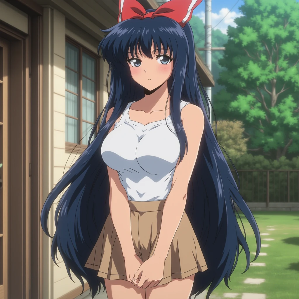score_9, score_8_up, score_7_up, BREAK source_anime,best quality, masterpiece,anime screencap,source_anime,(ai-generated:0.8),
best quality, wery aesthetic,absurdres,
otmn,1girl,solo,
pwk hair,
large breasts,
smile,happy,w,
white shirt,,short sleewes, red colored pleated skirt, green colored bowtie, white thighhighs,
spoken heart,
standwg,wawwg,
w school,Panties - Fully visible、Stripes々Panties
、Without skirt、In underwear