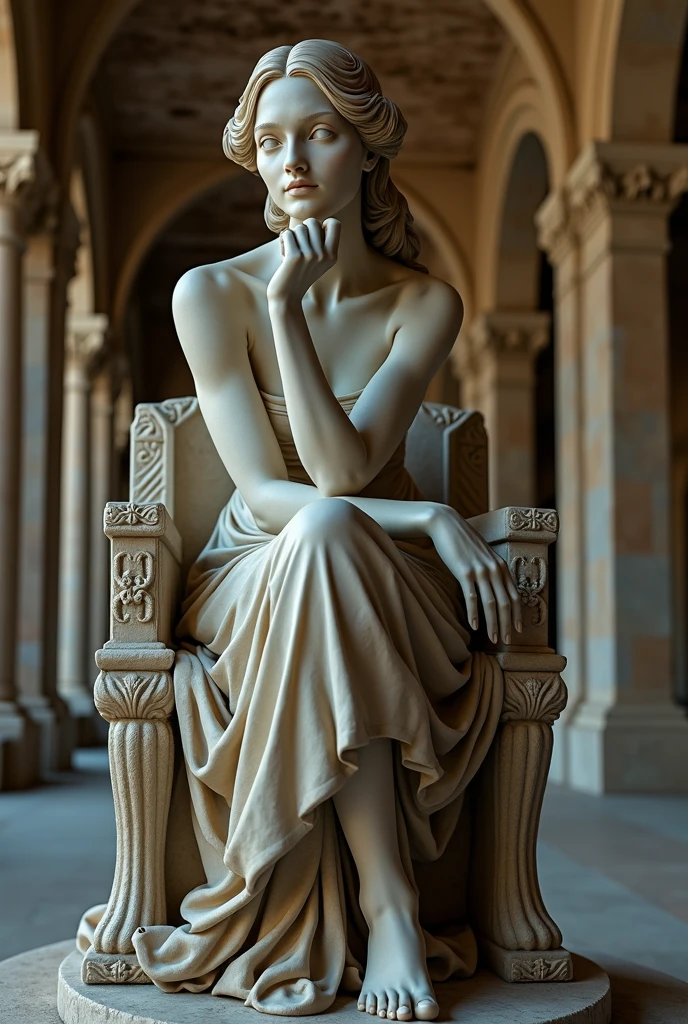 Female plaster statue in captivating poses in lush garden