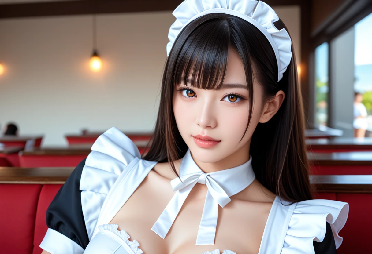 slender girl, (make up:1.1), (meido:1.2), small breasts, at school room, (upper body shot:1.1), cowboy shot
