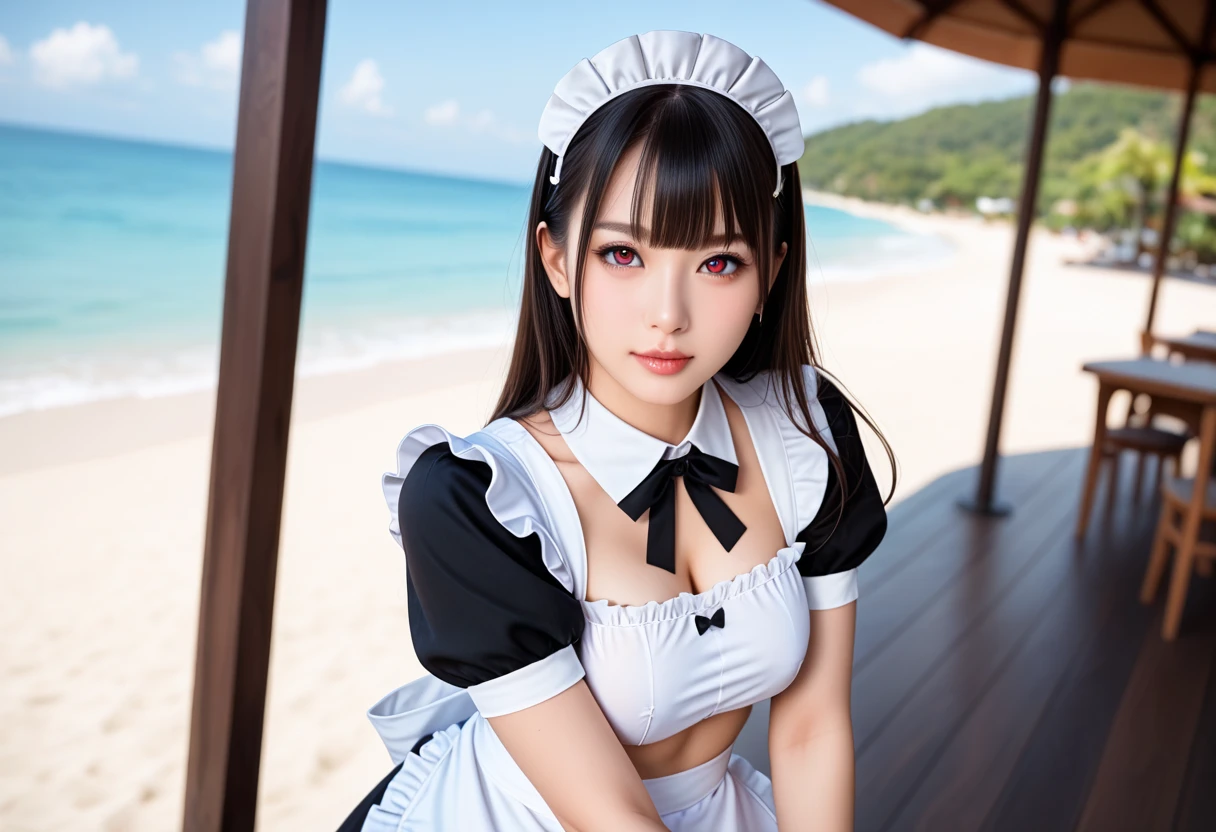 With bangs、Female sexy、Happy smile、(Colossal tits)、portrait lighting、(Luxury Maid、maid clothes、Maid Cafe、Red and black maid clothes、Ruffled apron、Head dress、White Brim)、sea side、((cleavage of the breast))、、detailed faces and eyes、masterpiece、Best Quality、gals、Lori、sexy pose, gals、Pinch your chest between your arms、V腕、Bring your chest together、taut breasts、Hands on knees、Twin-tailed、(Leaning forward)、Beautiful silk blonde hair、cute face、Emphasize
