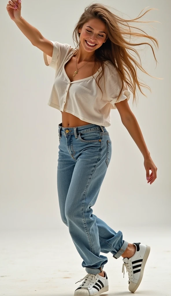 mix4, 20d, solo, long_hair, look_at_viewer, (8k, RAW photo, best quality, masterpiece:1.2), (realistic, photo-realistic:1.37), professional lighting, photon mapping, radiosity, physically-based rendering,full body portrait barefoot woman with auburn hair in updo dancing wearing sleeveless blouse and loose pants of wrinkled silk fabric with cuffed ankles, chunky sapphire earrings, shoulder tilted, slight smile, standing in relaxed pose, white studio background,leaning forward,,Open mouth and laugh out loud,summer,(((Dance)))