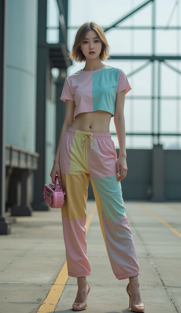 highest quality, Very detailed, masterpiece, 1 person,woman,(((完璧なwomanの体))),Very beautiful face, Very beautiful body,Gentle expression, Very beautiful eyes,(Perfect Makeup:1.1),Fashion Model,Graphic Arts,Cyberpunk Fashion,short hair,Shaggy Hair,Fluorescent pink and blue hair:1.3, Very thin body,Smart Abs, Cyberpunk Costume, Fluorescent orange and blue,Tank top,Painter Pants,Haori,necklace,anklet,Garter Stockings,Two-tone high-top sneakers,A kind smile,Full body portrait,(Street background:1.3), (Shiny skin),(Earrings),Geometric pattern,Full Body Tights,Monogram pattern,Argyle pattern,Tartan,Gradient Graphics,Neon Signs,future,ruins,
