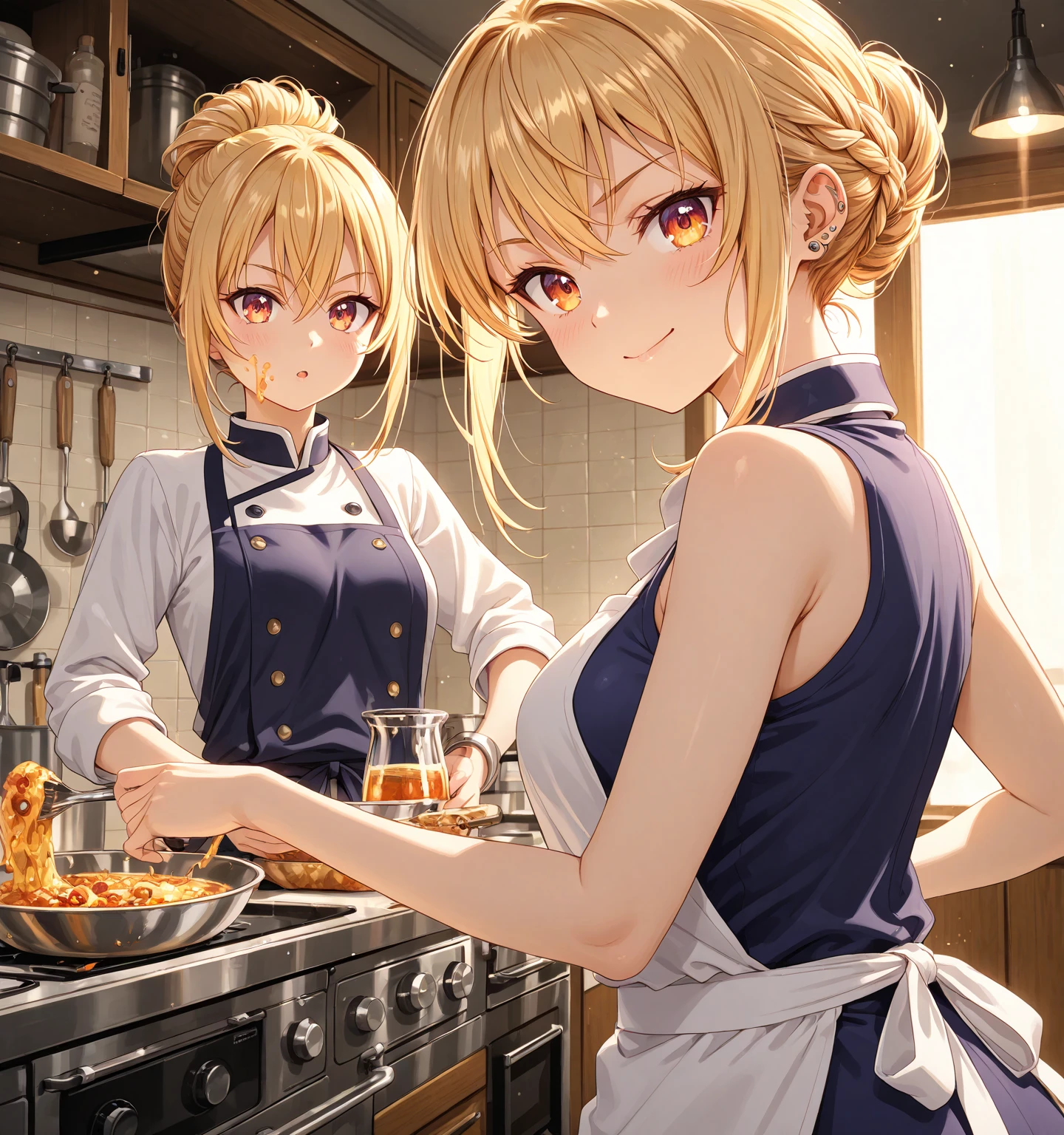 A blonde woman with a towel wrapped around her head boiling ramen at a ramen shop Wearing an apron
