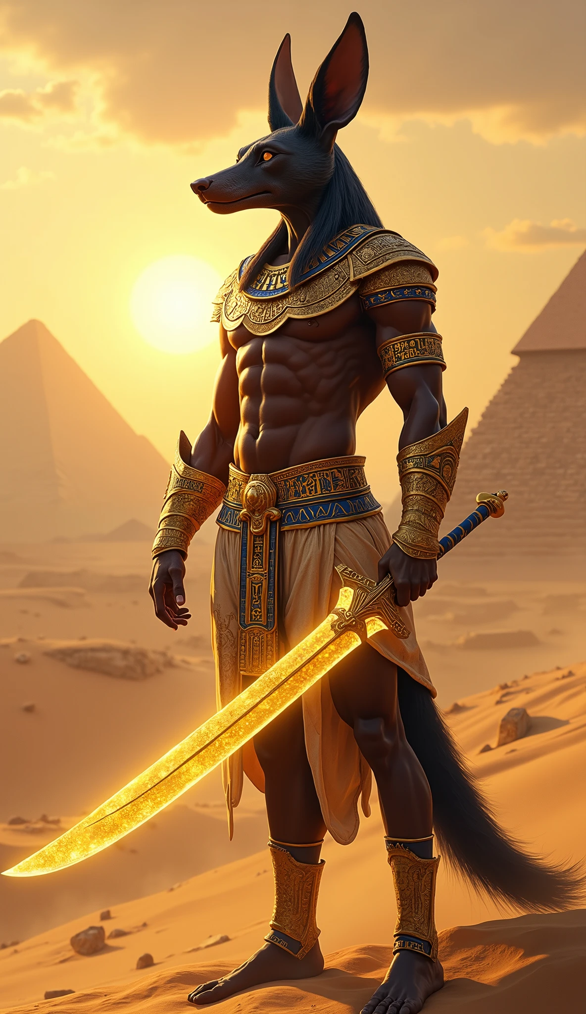 "- **Prompt**: ""An authoritative and enigmatic depiction of Anubis, the ancient Egyptian god of the afterlife. He has the head of a jackal and is clad in traditional Egyptian garb. He holds an ankh in one hand and a sistrum in the other. The background is a mystical, ancient Egyptian landscape with pyramids and hieroglyphs illuminated by moonlight."""