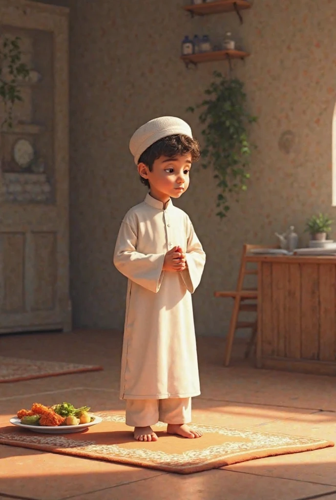 A 15- boy wearing white colored prayer Punjabi pajama and cap, standing with his head down, and smiling, a hut with trees behind.