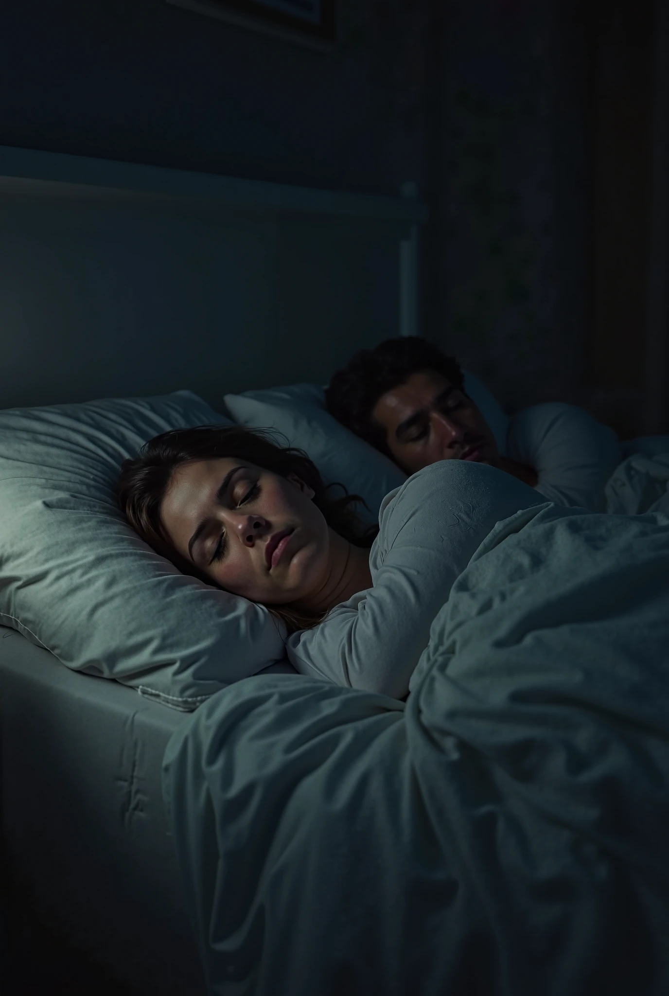 CASAL DORMINDO EM UMA CAMA, CLIMA DE MEDO  E TERROR, UM HOMEME ESPIANDO ATRAS DA CORTINA.