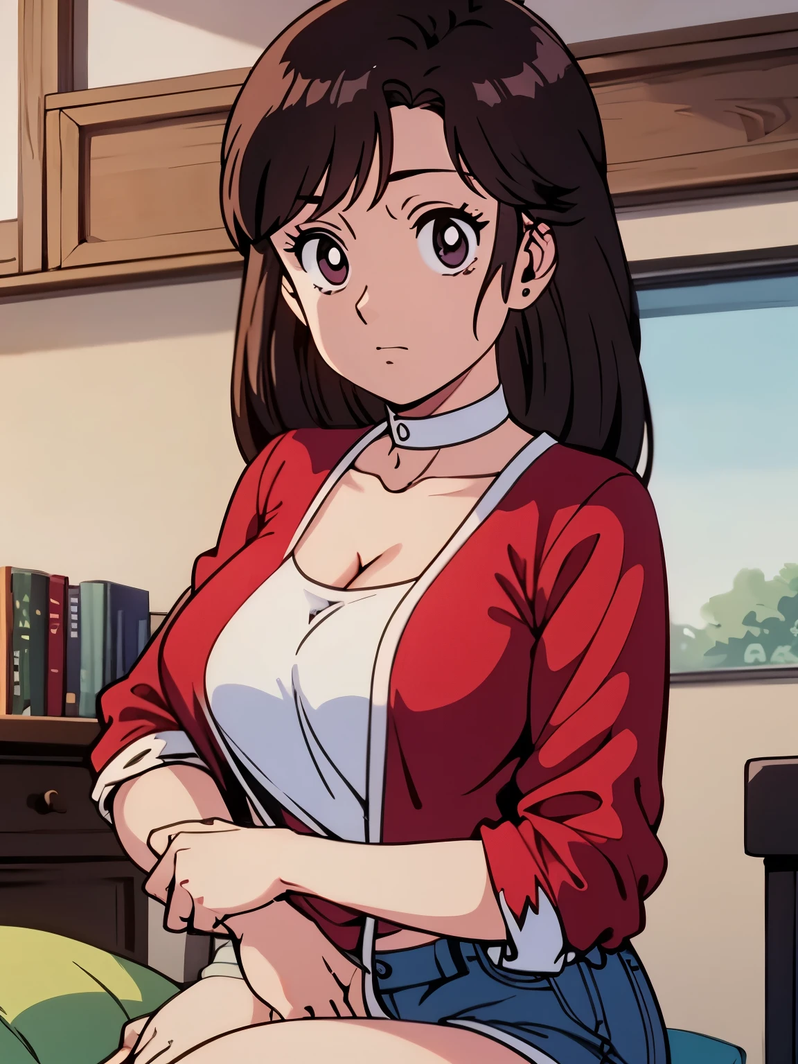 score_9, score_8_up, score_7_up, rating_explicit, 1 girl, Trixie Tan, black hair, 1 girl, long hair, hair band, bangs, eyeshadow, makeup, Purple Chaipao , White trim, medium boobs,seductive cleavage, seductive thighs, big hips, cute, Chest, bedroom eyes, viewers, close-up, head tilt, choker. choker. shirt. SHORTS. strand. face dawn ass up