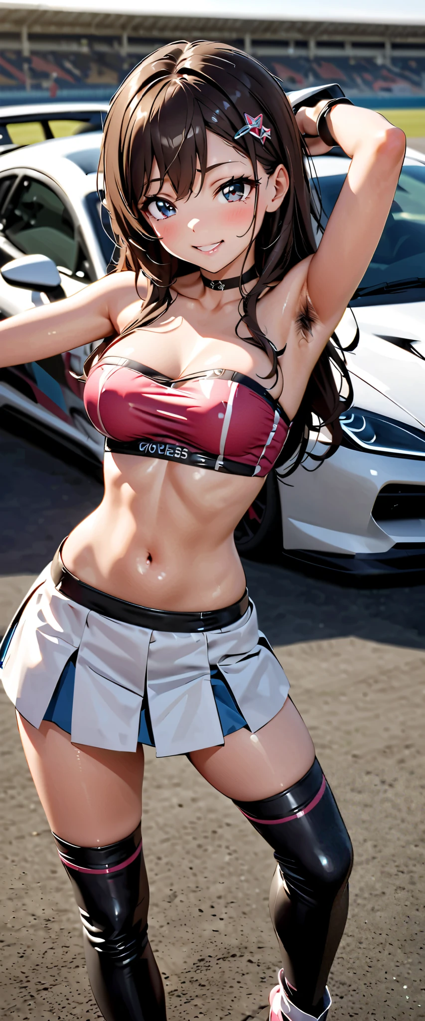 Female Athletes, ((masterpiece, Highest quality, Best image quality, High resolution, Realistic, RAW Photos, 8K)), ((非常に詳細な CG 統合 8K 壁紙)), (Huge and stunning goddess shot, Very hot and sexy, Incredible beauty, Perfect proportions, Beautiful body, Slim body beauty:1.4), Female Athletes on the track, スポーツブラを着用したFemale Athletes, trunks, shoes, Sweaty, White running sweatshirt, Outdoor, On a very hot day, Keep your hands on your hips、stand with feet apart, Look up at the sky, From behind, Amidst enthusiasm and cheers, With the right hands and fingers, Detailed skin and sweat,Showing off pussy、With bangs、Dynamic Pose、Hands behind head, exposing armpits、(1 from the bottom.0)