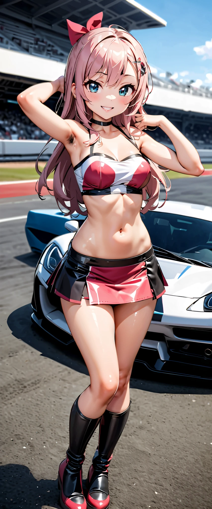 highest quality, Ultra High Resolution,  One person,  SMALLE BREASTS, black choker, smile,  exposes shoulders,  focus only , viewers,Fair skin,Car racing track,photon mapping, physically-based rendering,  RAW photos , very detailed background, K-pop Idol ,depth of field,hair ornaments close to the garden,detailed face, glowing skin, game cg,full body,  shiny micro mini skirt ,shiny micro tube top,shiny knee-high long boots,race queen,Medium breast,Sexy Poses,tall and low sports cars,Gloss Lip,